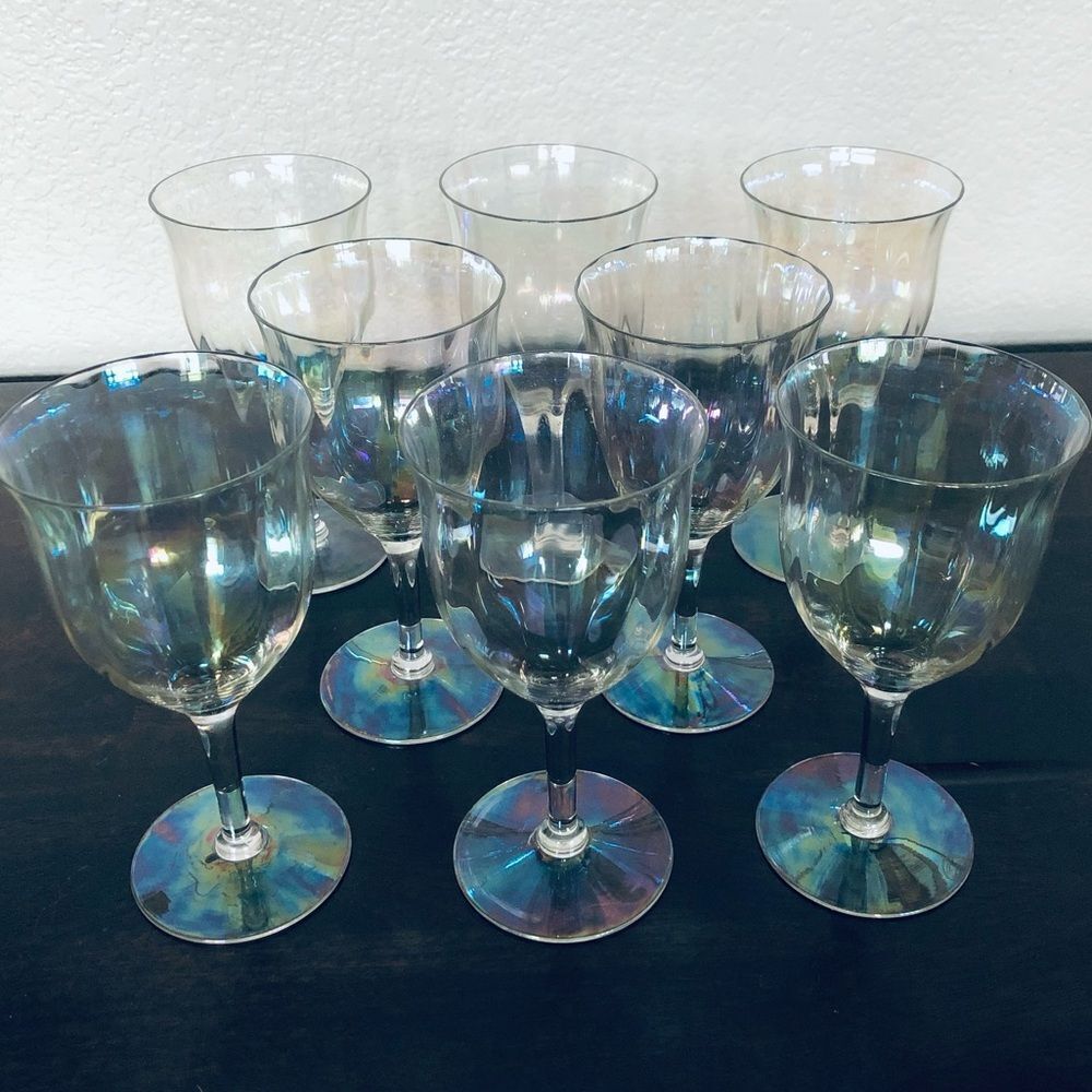 Vintage Fostoria Mother of Pearl Iridescent Wine Glasses Goblets 10-pc Set